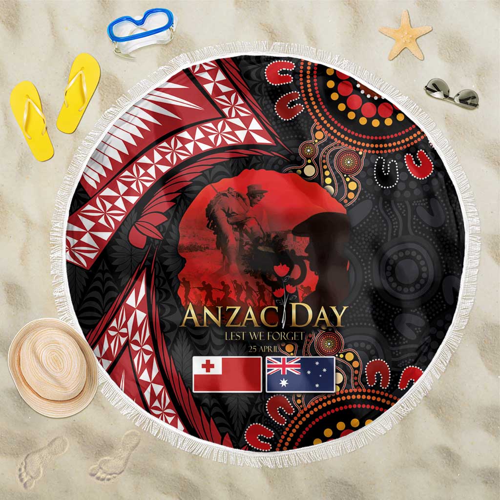 Tonga and Australia ANZAC Day Beach Blanket Aboriginal and Ngatu Art Pattern - Gallipoli Lest We Forget LT03 One Size 150cm Black - Polynesian Pride
