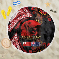 Tonga and Australia ANZAC Day Beach Blanket Aboriginal and Ngatu Art Pattern - Gallipoli Lest We Forget LT03 One Size 150cm Black - Polynesian Pride