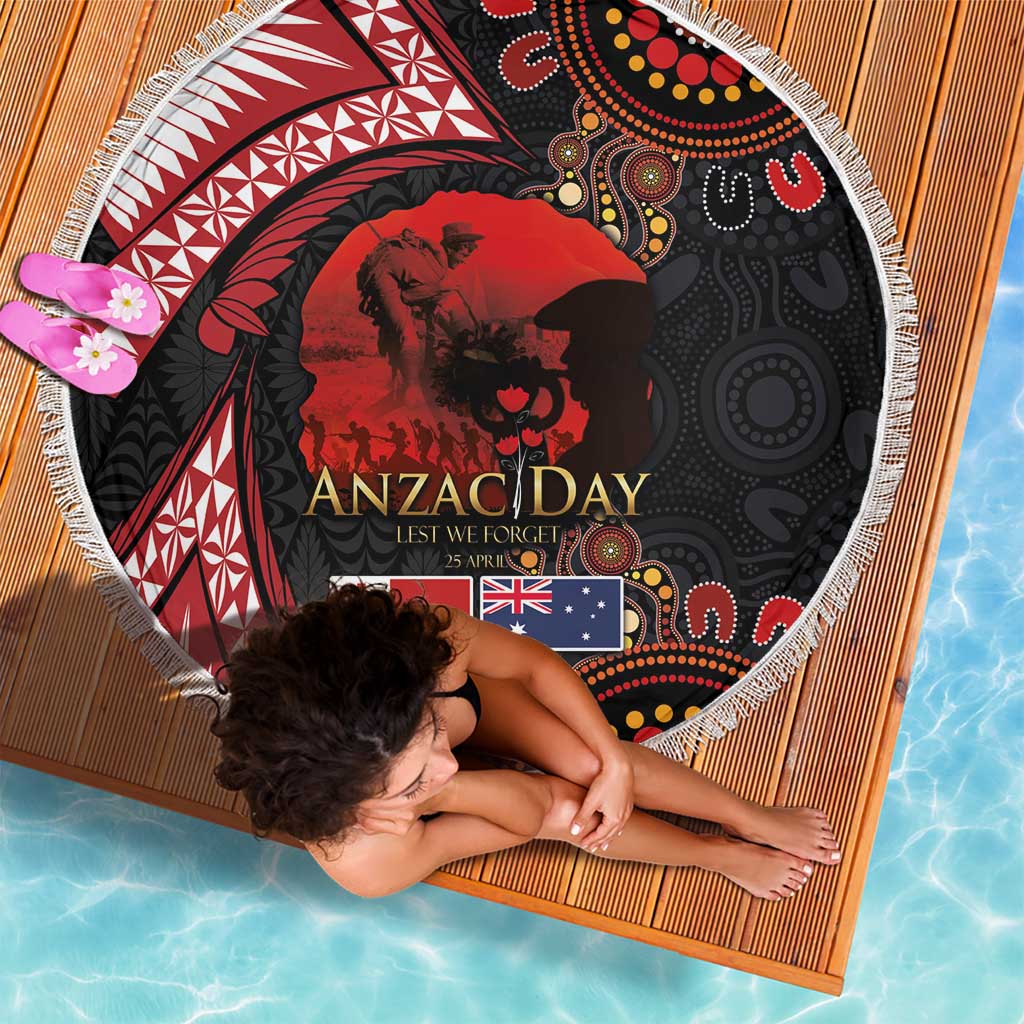 Tonga and Australia ANZAC Day Beach Blanket Aboriginal and Ngatu Art Pattern - Gallipoli Lest We Forget LT03 - Polynesian Pride