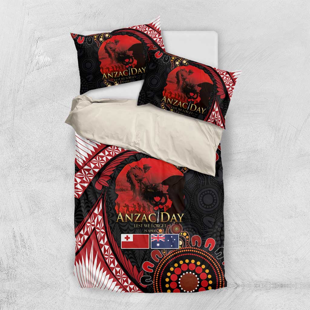 Tonga and Australia ANZAC Day Bedding Set Aboriginal and Ngatu Art Pattern - Gallipoli Lest We Forget LT03 US Twin 172cm x 218cm Black - Polynesian Pride