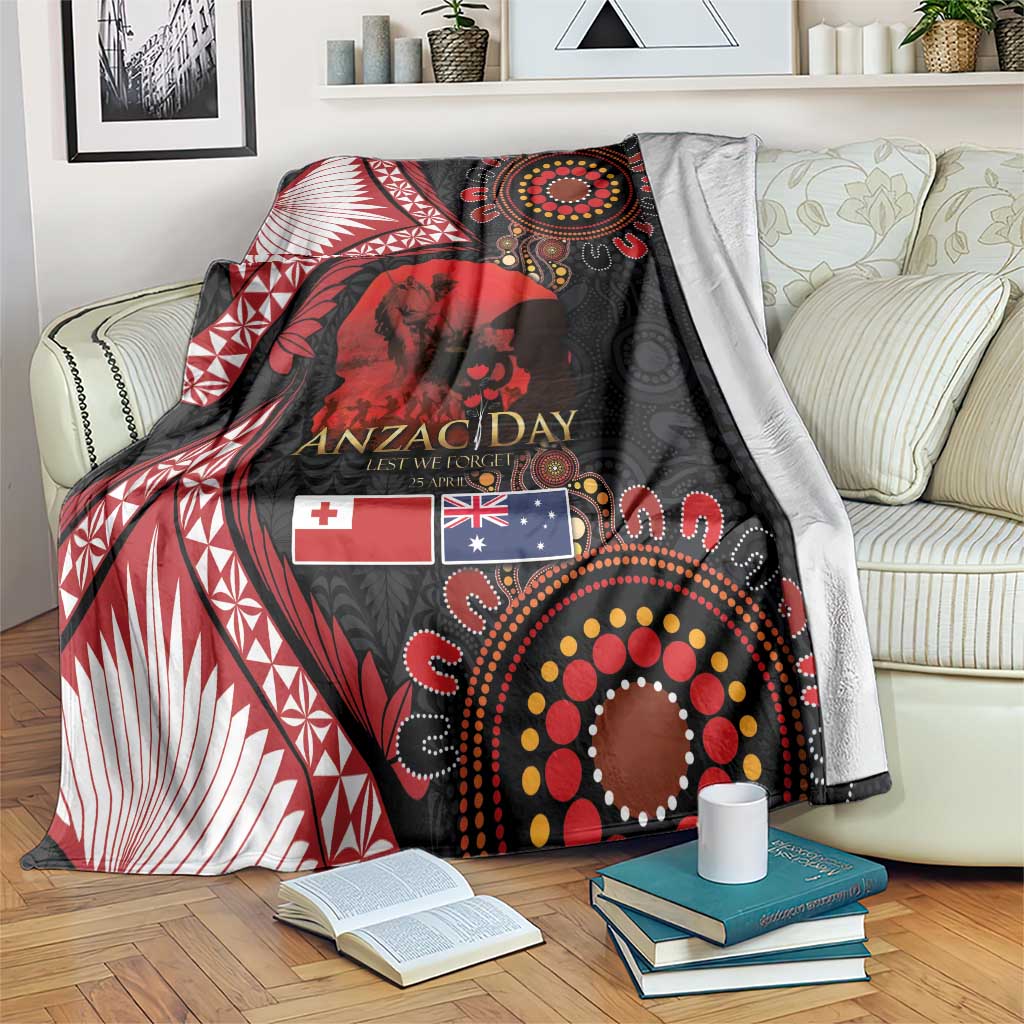 Tonga and Australia ANZAC Day Blanket Aboriginal and Ngatu Art Pattern - Gallipoli Lest We Forget LT03 Black - Polynesian Pride