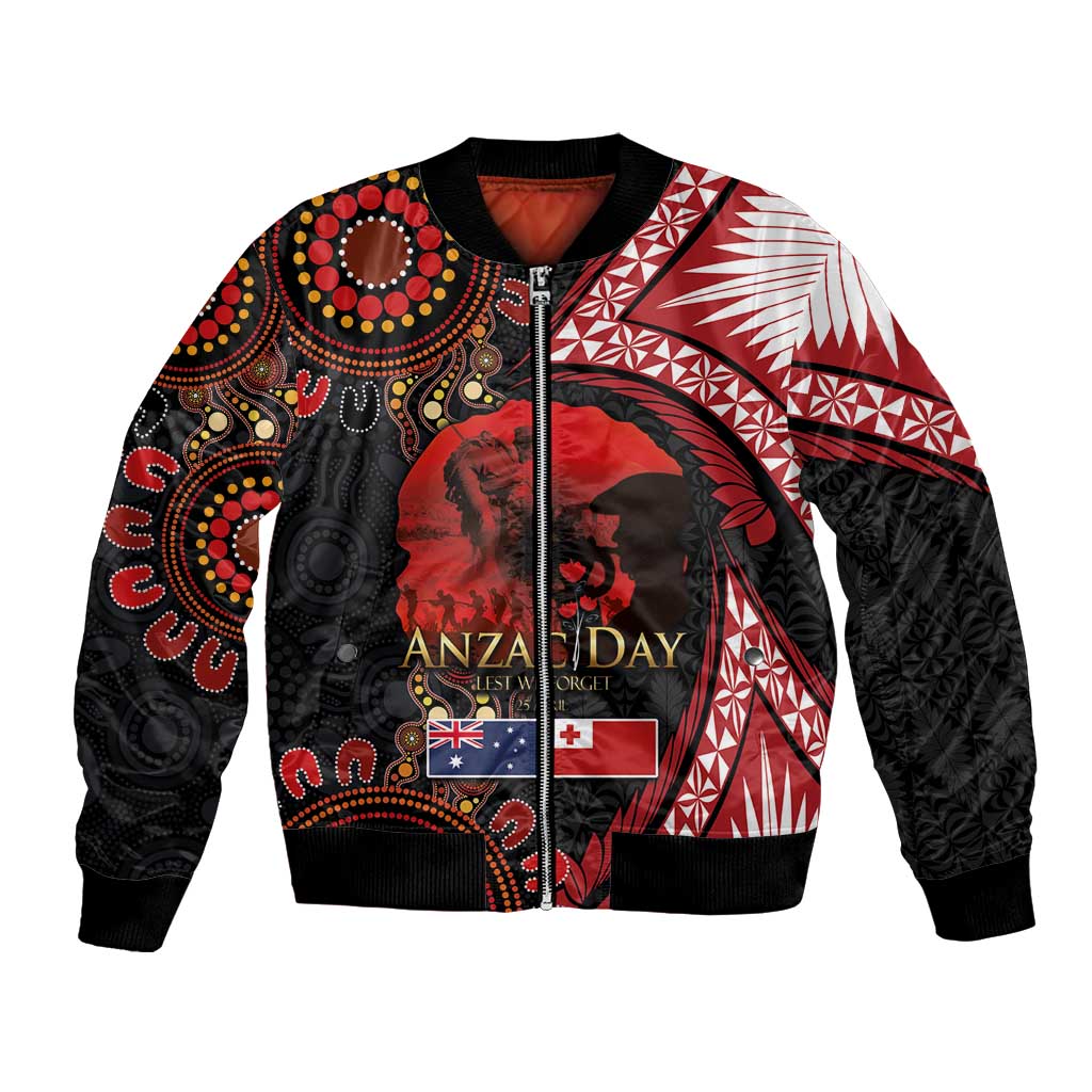 Tonga and Australia ANZAC Day Bomber Jacket Aboriginal and Ngatu Art Pattern - Gallipoli Lest We Forget LT03 Unisex Black - Polynesian Pride