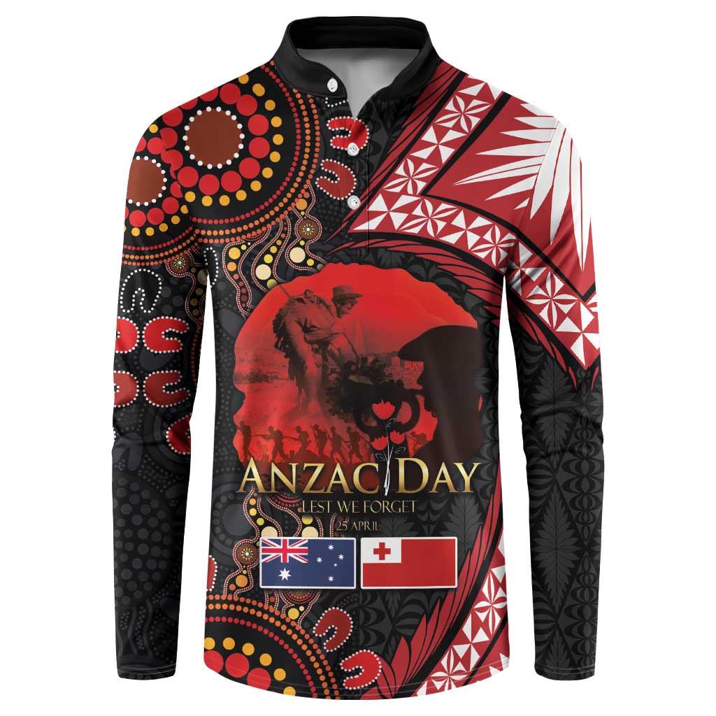 Tonga and Australia ANZAC Day Button Sweatshirt Aboriginal and Ngatu Art Pattern - Gallipoli Lest We Forget LT03 Black - Polynesian Pride