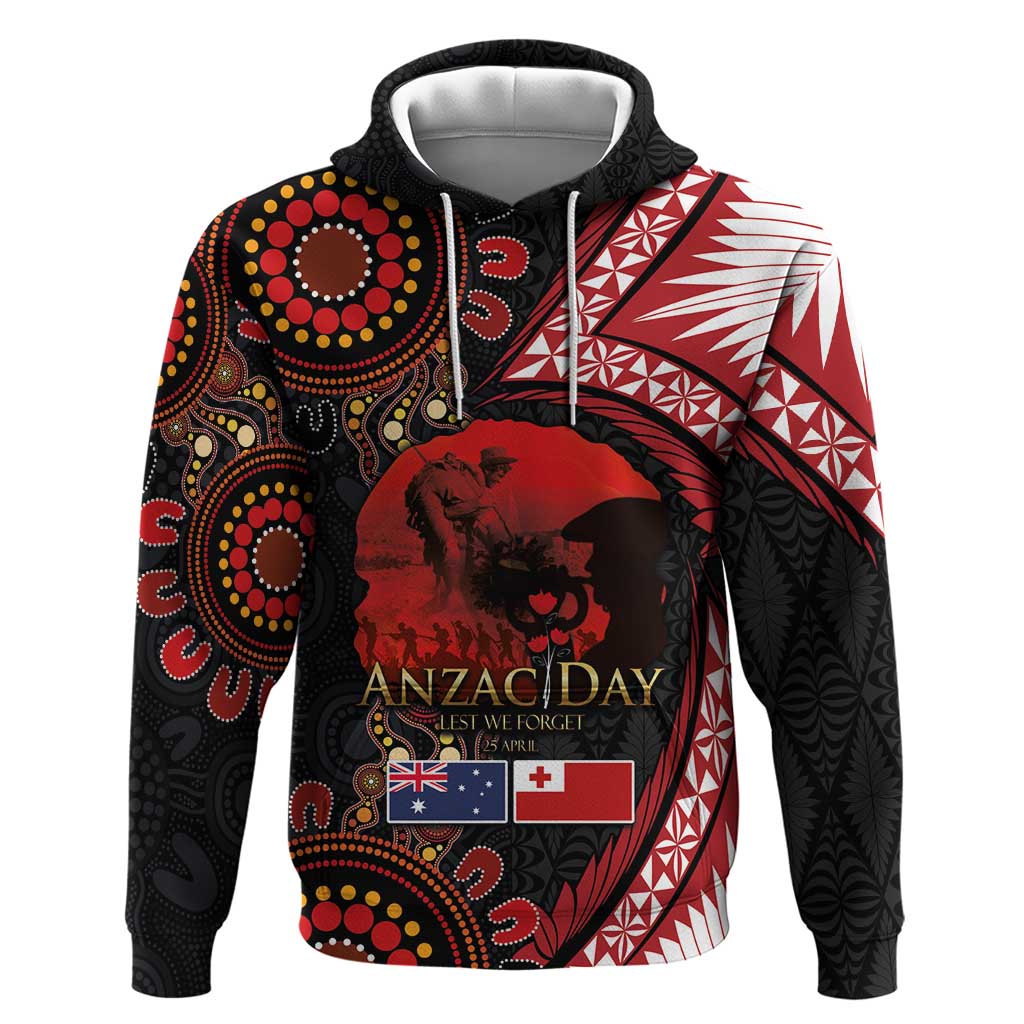 Tonga and Australia ANZAC Day Hoodie Aboriginal and Ngatu Art Pattern - Gallipoli Lest We Forget LT03 Pullover Hoodie Black - Polynesian Pride