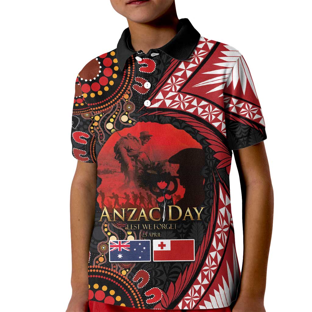 Tonga and Australia ANZAC Day Kid Polo Shirt Aboriginal and Ngatu Art Pattern - Gallipoli Lest We Forget LT03 Kid Black - Polynesian Pride