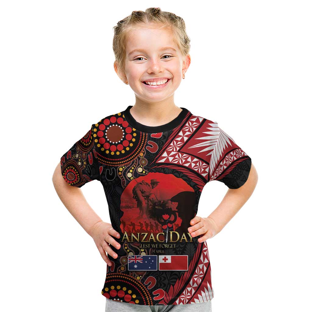 Tonga and Australia ANZAC Day Kid T Shirt Aboriginal and Ngatu Art Pattern - Gallipoli Lest We Forget LT03 Black - Polynesian Pride