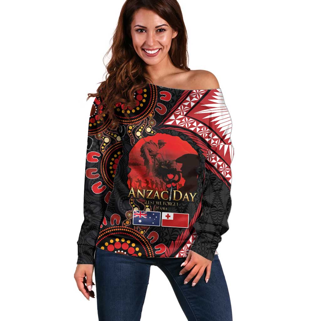 Tonga and Australia ANZAC Day Off Shoulder Sweater Aboriginal and Ngatu Art Pattern - Gallipoli Lest We Forget LT03 Women Black - Polynesian Pride