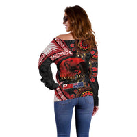 Tonga and Australia ANZAC Day Off Shoulder Sweater Aboriginal and Ngatu Art Pattern - Gallipoli Lest We Forget LT03 - Polynesian Pride