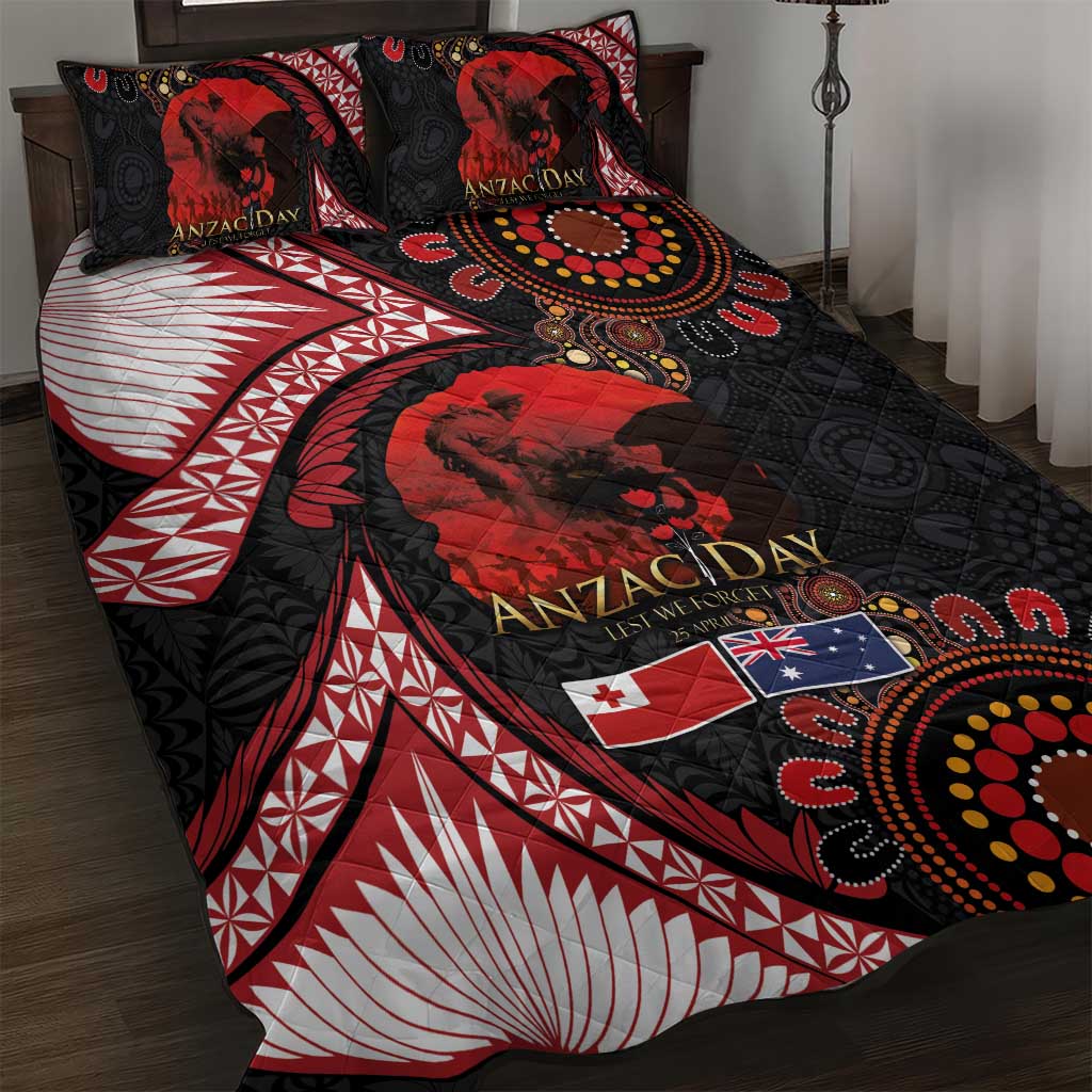 Tonga and Australia ANZAC Day Quilt Bed Set Aboriginal and Ngatu Art Pattern - Gallipoli Lest We Forget LT03 Black - Polynesian Pride