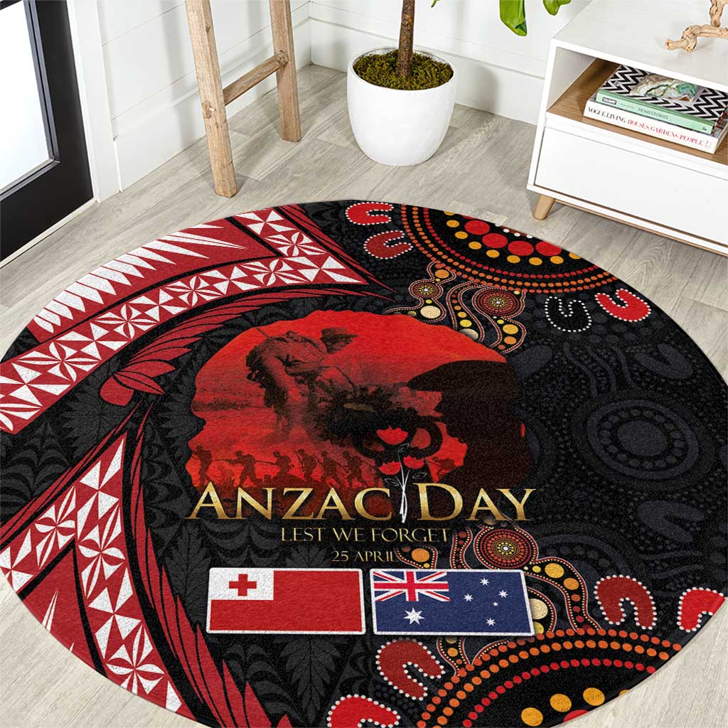 Tonga and Australia ANZAC Day Round Carpet Aboriginal and Ngatu Art Pattern - Gallipoli Lest We Forget LT03 Black - Polynesian Pride