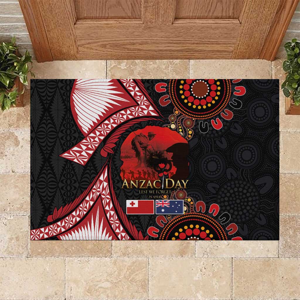 Tonga and Australia ANZAC Day Rubber Doormat Aboriginal and Ngatu Art Pattern - Gallipoli Lest We Forget LT03 Black - Polynesian Pride