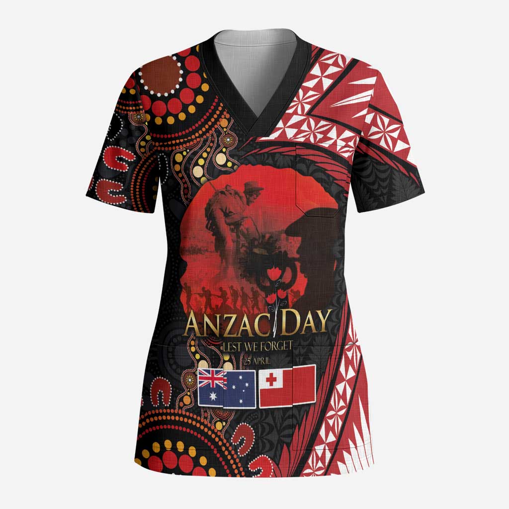 Tonga and Australia ANZAC Day Scrub Top Aboriginal and Ngatu Art Pattern - Gallipoli Lest We Forget LT03 Adult Black - Polynesian Pride