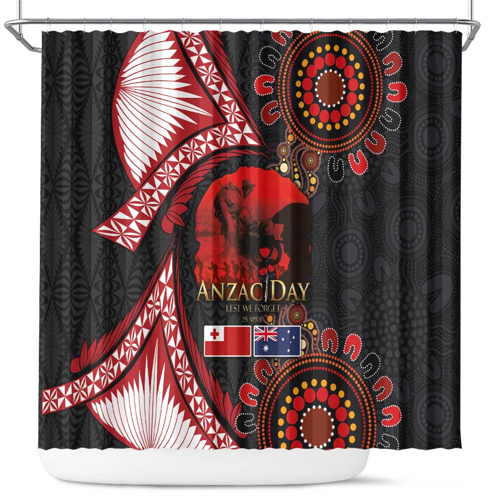 Tonga and Australia ANZAC Day Shower Curtain Aboriginal and Ngatu Art Pattern - Gallipoli Lest We Forget LT03 Black - Polynesian Pride