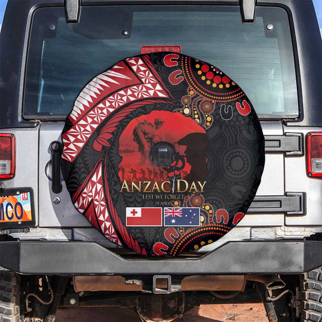 Tonga and Australia ANZAC Day Spare Tire Cover Aboriginal and Ngatu Art Pattern - Gallipoli Lest We Forget LT03 Black - Polynesian Pride