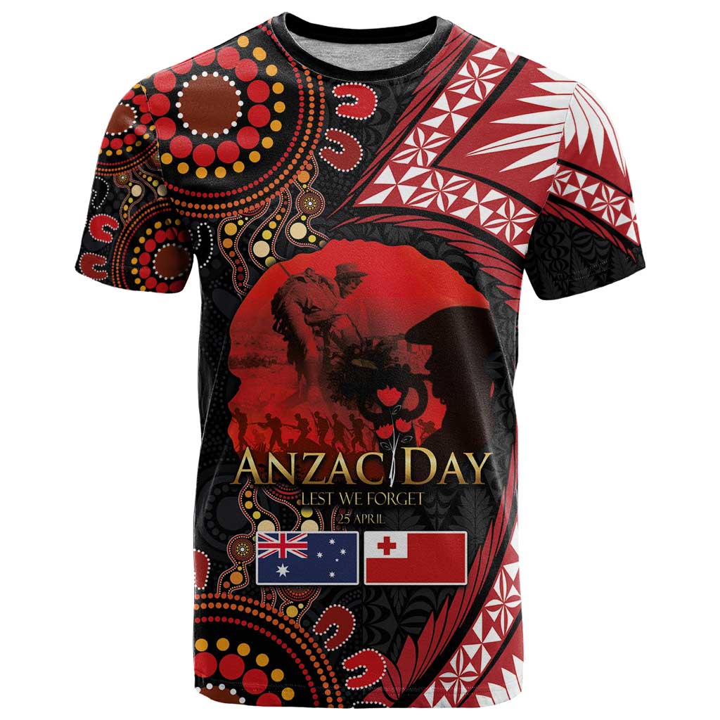 Tonga and Australia ANZAC Day T Shirt Aboriginal and Ngatu Art Pattern - Gallipoli Lest We Forget LT03 Black - Polynesian Pride