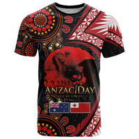 Tonga and Australia ANZAC Day T Shirt Aboriginal and Ngatu Art Pattern - Gallipoli Lest We Forget LT03 Black - Polynesian Pride