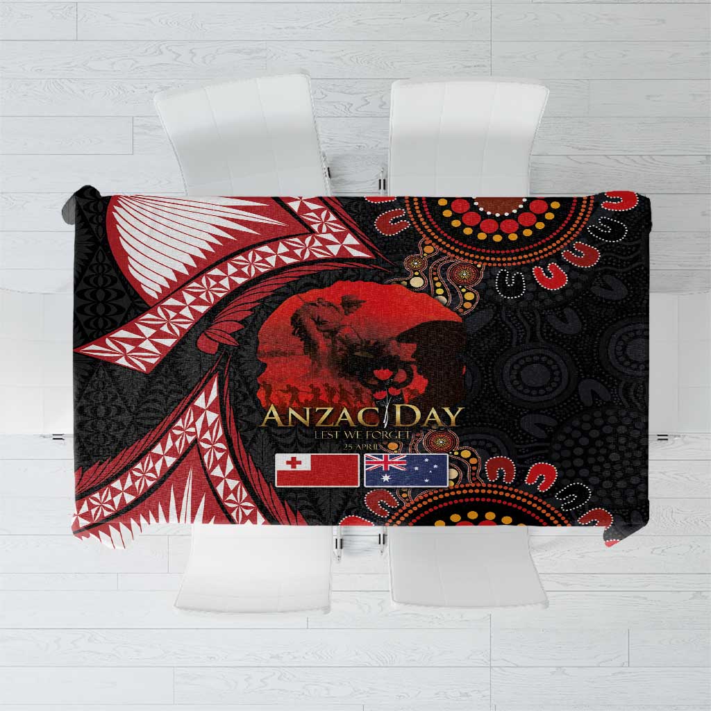 Tonga and Australia ANZAC Day Tablecloth Aboriginal and Ngatu Art Pattern - Gallipoli Lest We Forget LT03 Black - Polynesian Pride