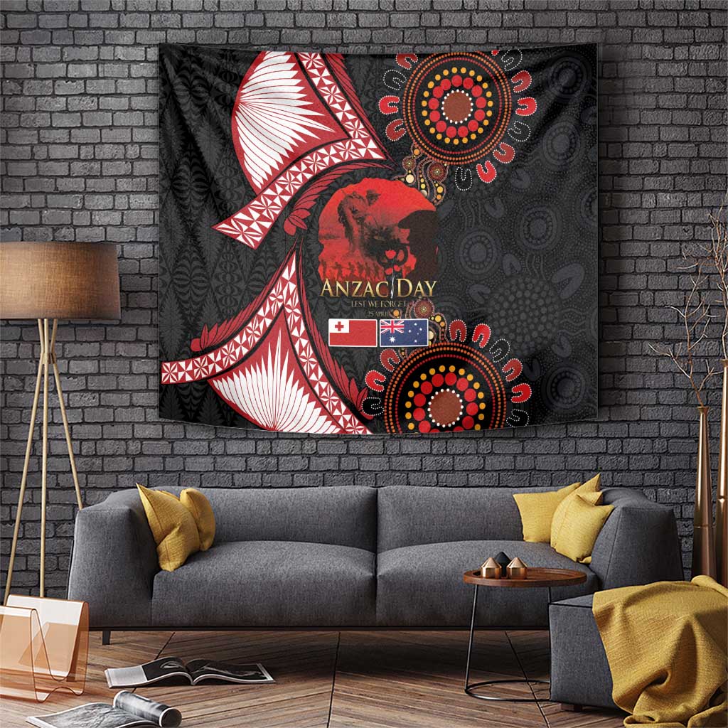 Tonga and Australia ANZAC Day Tapestry Aboriginal and Ngatu Art Pattern - Gallipoli Lest We Forget LT03 Black - Polynesian Pride