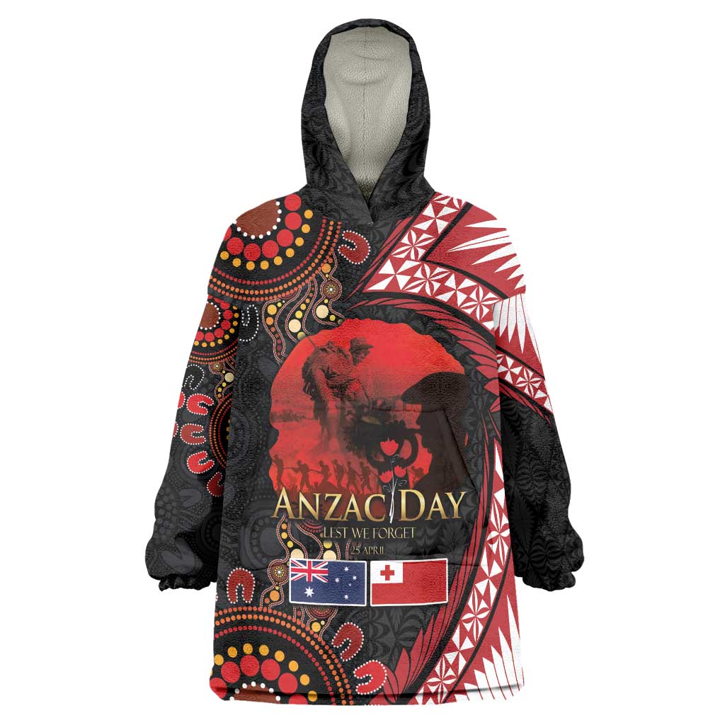 Tonga and Australia ANZAC Day Wearable Blanket Hoodie Aboriginal and Ngatu Art Pattern - Gallipoli Lest We Forget LT03 One Size Black - Polynesian Pride