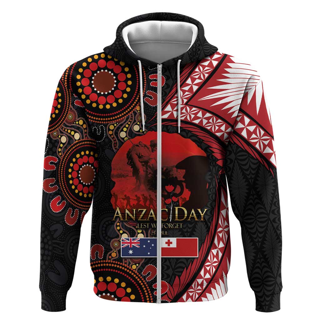 Tonga and Australia ANZAC Day Zip Hoodie Aboriginal and Ngatu Art Pattern - Gallipoli Lest We Forget LT03 Zip Hoodie Black - Polynesian Pride
