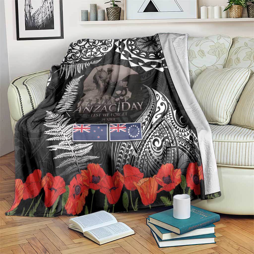 New Zealand and Cook Islands ANZAC Day Blanket Gallipoli Lest We Forget Tatau Art Tribal and Maori Tattoo with Fern LT03 Black - Polynesian Pride