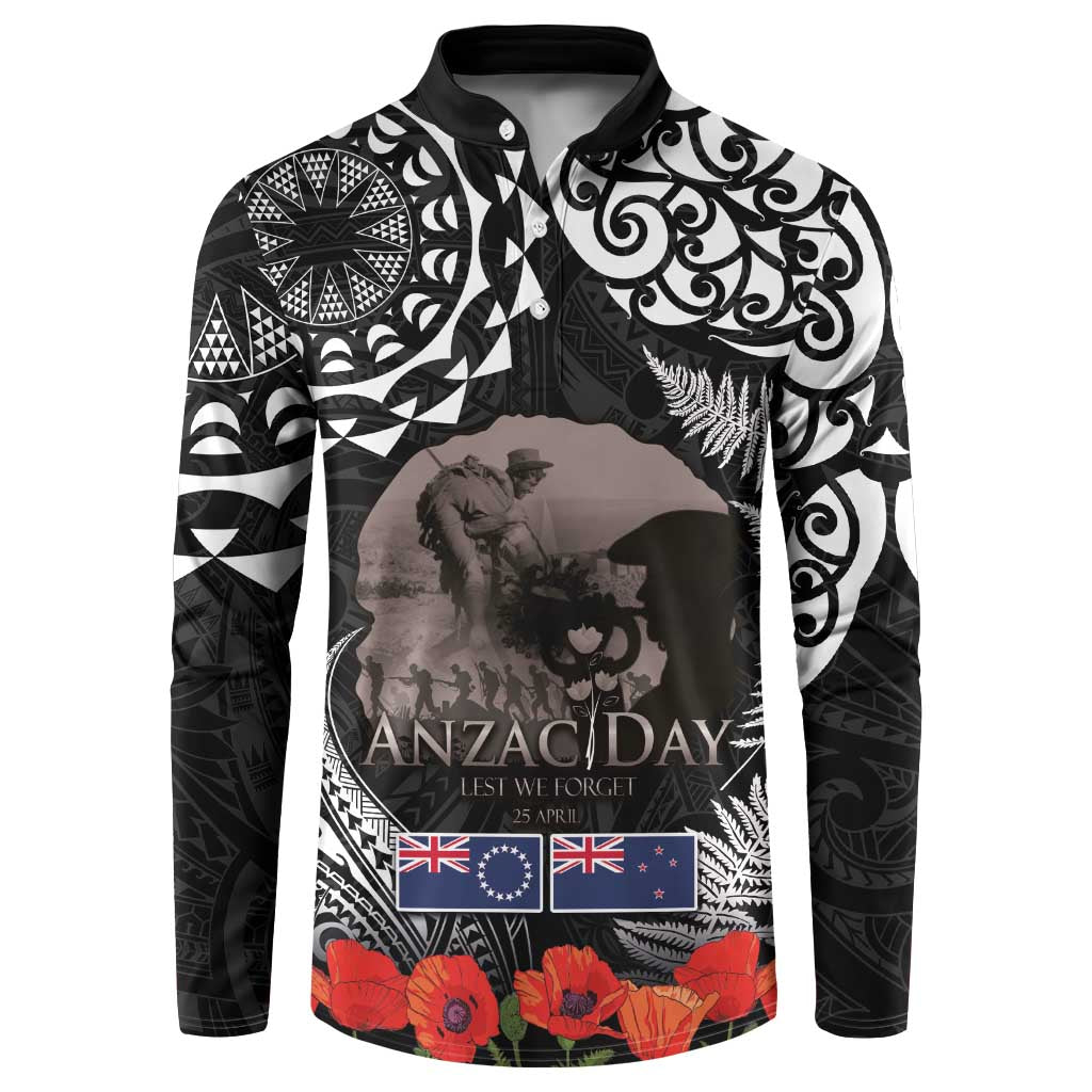 New Zealand and Cook Islands ANZAC Day Button Sweatshirt Gallipoli Lest We Forget Tatau Art Tribal and Maori Tattoo with Fern LT03 Black - Polynesian Pride