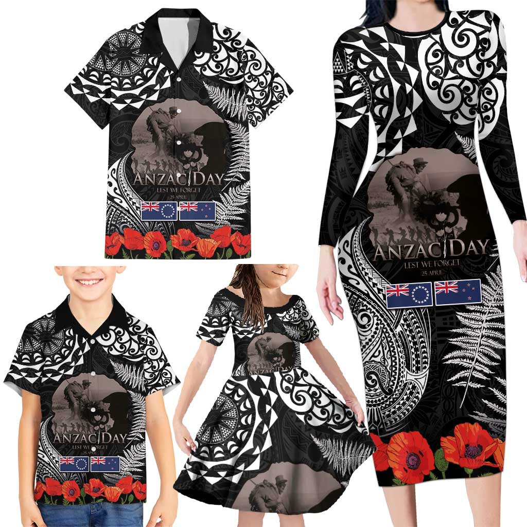 New Zealand and Cook Islands ANZAC Day Family Matching Long Sleeve Bodycon Dress and Hawaiian Shirt Gallipoli Lest We Forget Tatau Art Tribal and Maori Tattoo with Fern