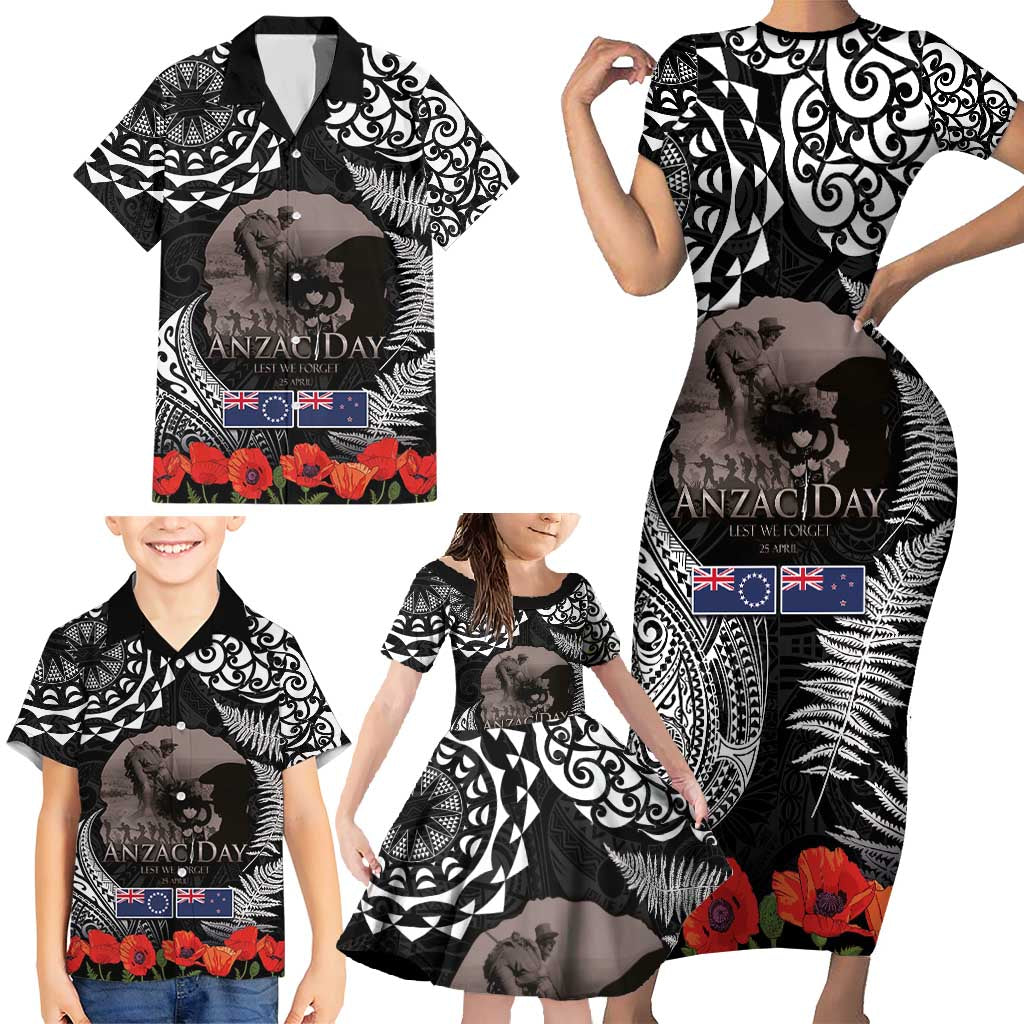 New Zealand and Cook Islands ANZAC Day Family Matching Short Sleeve Bodycon Dress and Hawaiian Shirt Gallipoli Lest We Forget Tatau Art Tribal and Maori Tattoo with Fern