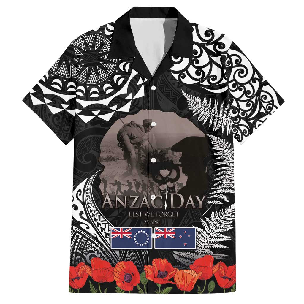New Zealand and Cook Islands ANZAC Day Hawaiian Shirt Gallipoli Lest We Forget Tatau Art Tribal and Maori Tattoo with Fern LT03 Black - Polynesian Pride