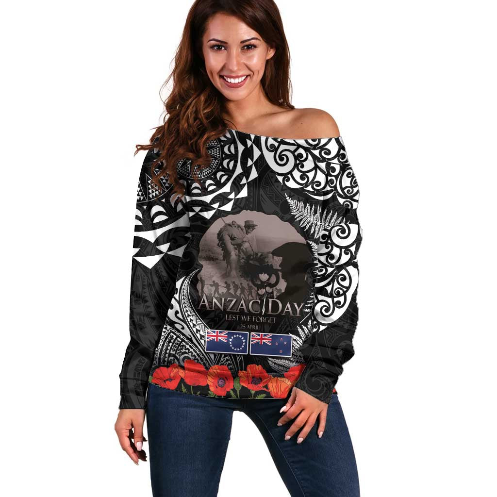 New Zealand and Cook Islands ANZAC Day Off Shoulder Sweater Gallipoli Lest We Forget Tatau Art Tribal and Maori Tattoo with Fern LT03 Women Black - Polynesian Pride