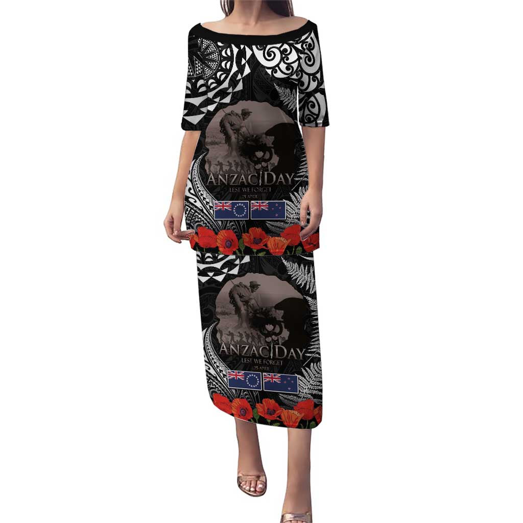 New Zealand and Cook Islands ANZAC Day Puletasi Gallipoli Lest We Forget Tatau Art Tribal and Maori Tattoo with Fern LT03 Long Dress Black - Polynesian Pride