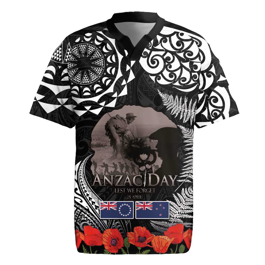 New Zealand and Cook Islands ANZAC Day Rugby Jersey Gallipoli Lest We Forget Tatau Art Tribal and Maori Tattoo with Fern LT03 Black - Polynesian Pride