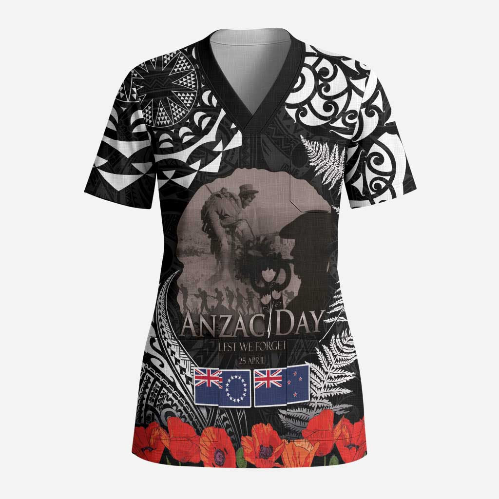 New Zealand and Cook Islands ANZAC Day Scrub Top Gallipoli Lest We Forget Tatau Art Tribal and Maori Tattoo with Fern LT03 Adult Black - Polynesian Pride