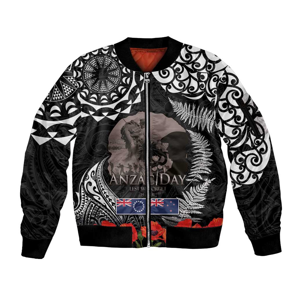New Zealand and Cook Islands ANZAC Day Sleeve Zip Bomber Jacket Gallipoli Lest We Forget Tatau Art Tribal and Maori Tattoo with Fern LT03 Unisex Black - Polynesian Pride