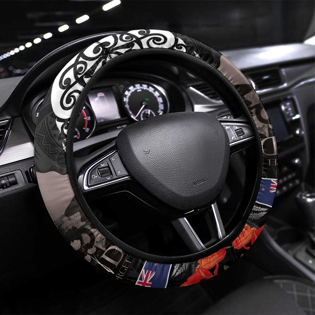 New Zealand and Cook Islands ANZAC Day Steering Wheel Cover Gallipoli Lest We Forget Tatau Art Tribal and Maori Tattoo with Fern