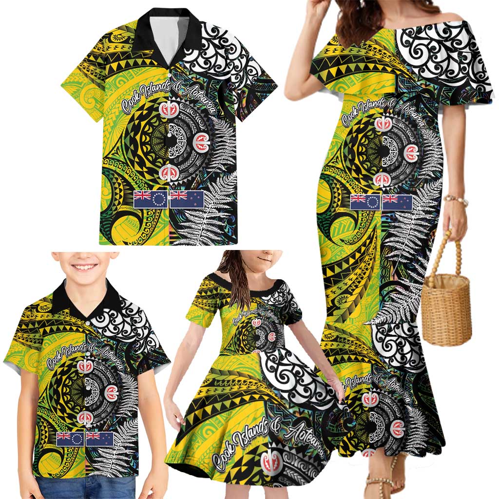 New Zealand and Cook Islands Together Family Matching Mermaid Dress and Hawaiian Shirt Tatau Art Tribal Pattern-Maori Tattoo with Fern and Paua Shell