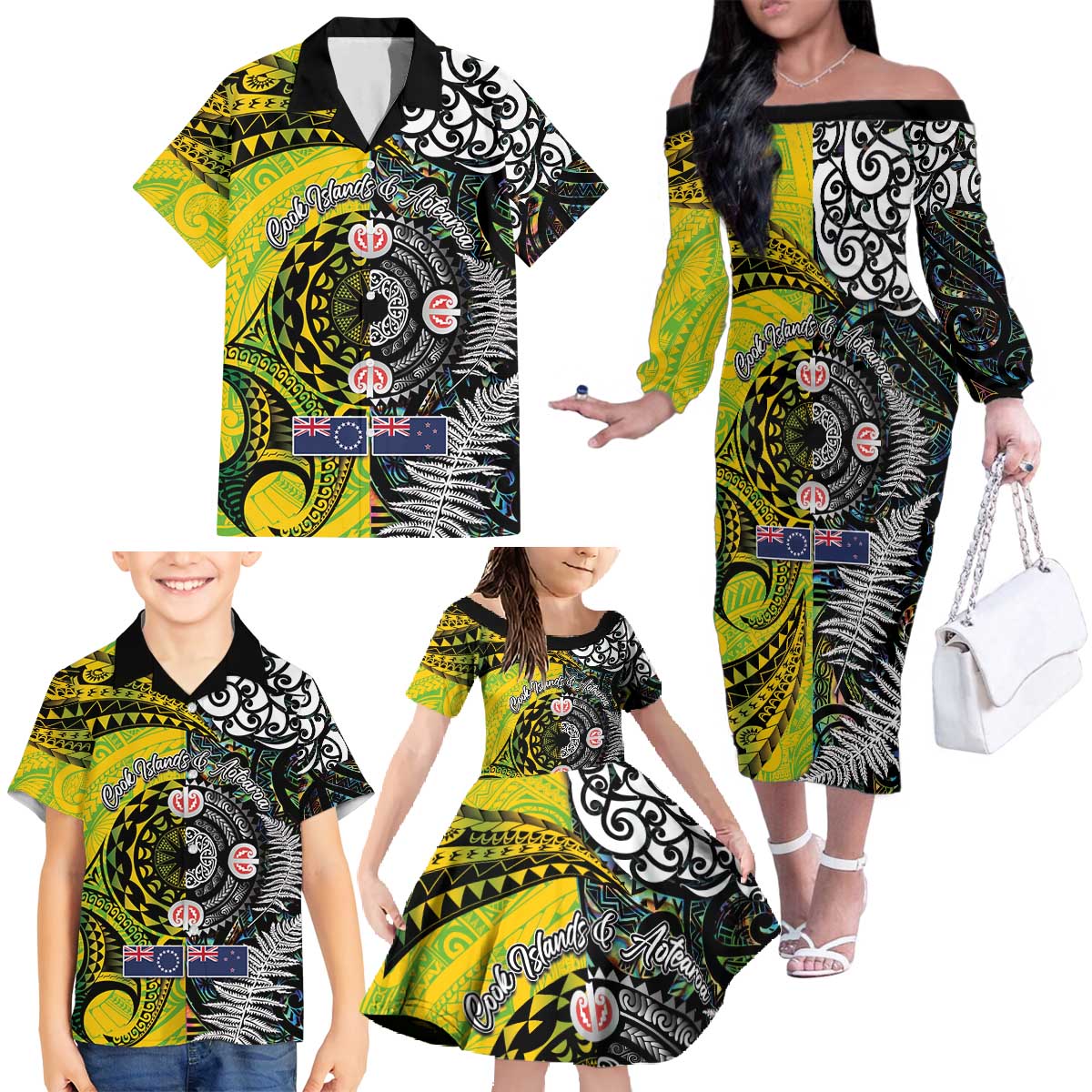 New Zealand and Cook Islands Together Family Matching Off The Shoulder Long Sleeve Dress and Hawaiian Shirt Tatau Art Tribal Pattern-Maori Tattoo with Fern and Paua Shell