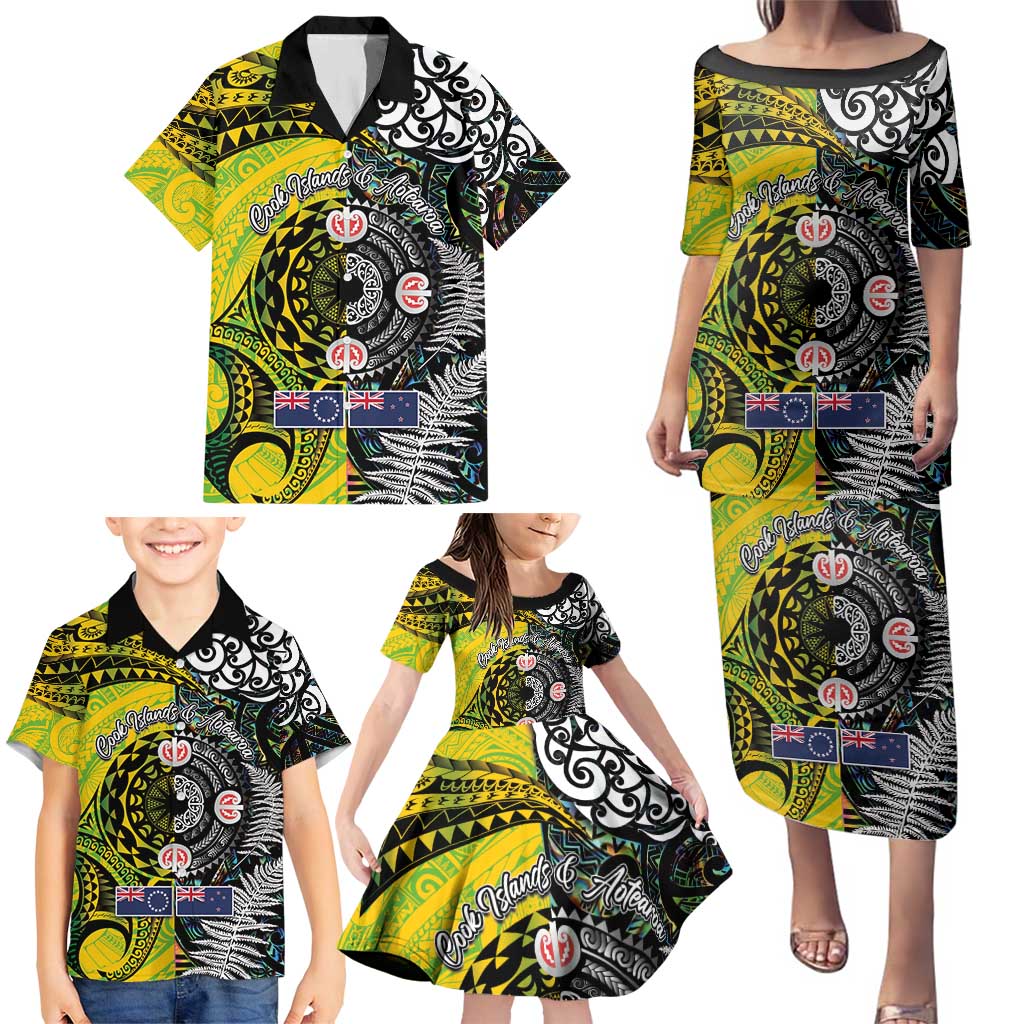 New Zealand and Cook Islands Together Family Matching Puletasi and Hawaiian Shirt Tatau Art Tribal Pattern-Maori Tattoo with Fern and Paua Shell