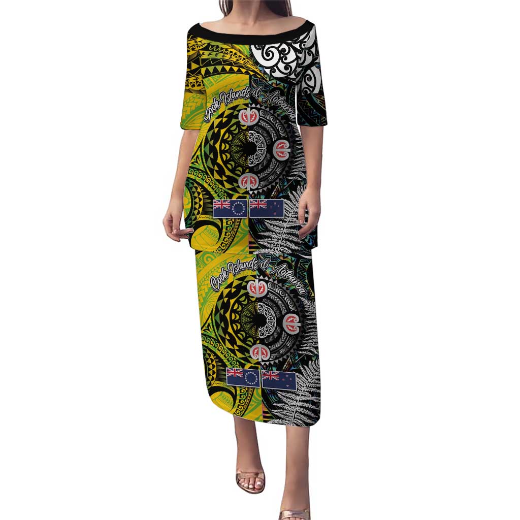 New Zealand and Cook Islands Together Puletasi Tatau Art Tribal Pattern-Maori Tattoo with Fern and Paua Shell LT03 Long Dress Art - Polynesian Pride