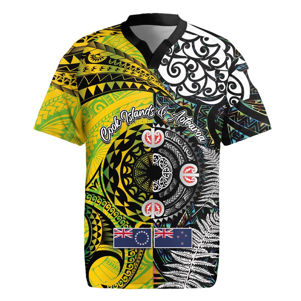 New Zealand and Cook Islands Together Rugby Jersey Tatau Art Tribal Pattern-Maori Tattoo with Fern and Paua Shell LT03 Art - Polynesian Pride