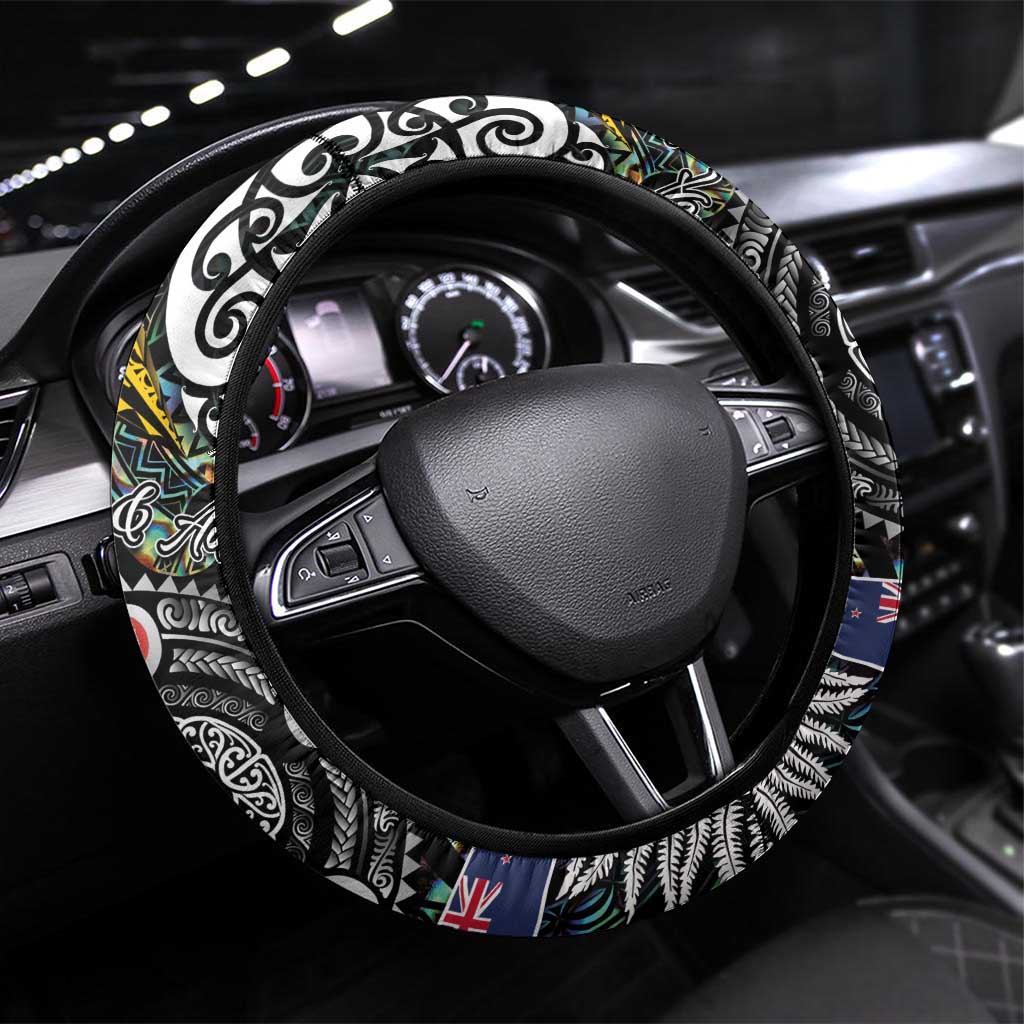 New Zealand and Cook Islands Together Steering Wheel Cover Tatau Art Tribal Pattern-Maori Tattoo with Fern and Paua Shell