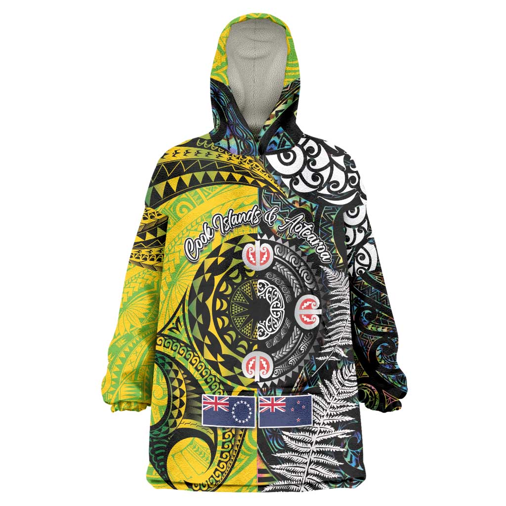 New Zealand and Cook Islands Together Wearable Blanket Hoodie Tatau Art Tribal Pattern-Maori Tattoo with Fern and Paua Shell