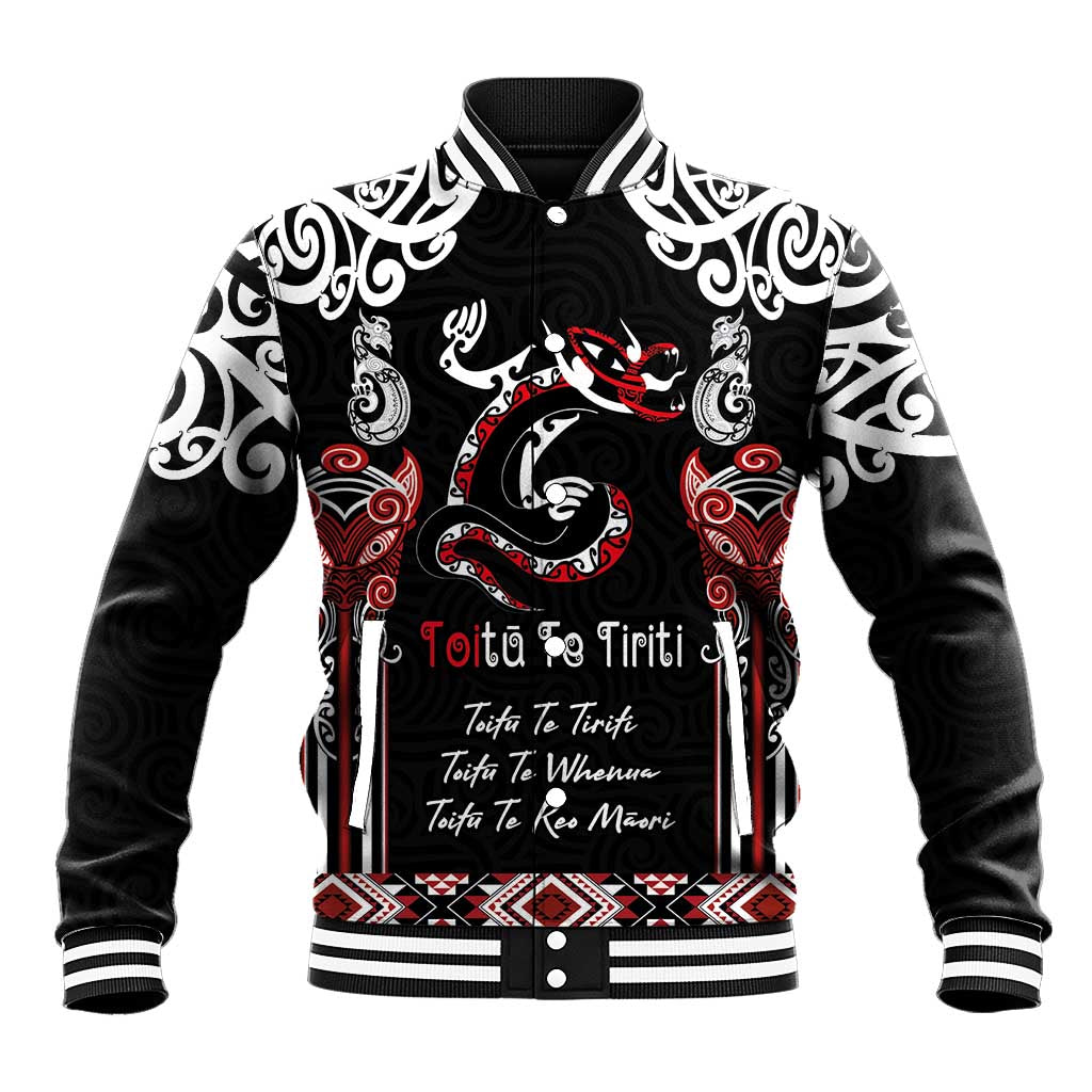 Aotearoa Toitu Te Tiriti-Maori Taniwha Baseball Jacket Toitu Te Whenua Toitu Te Reo Maori LT03 Unisex Black - Polynesian Pride