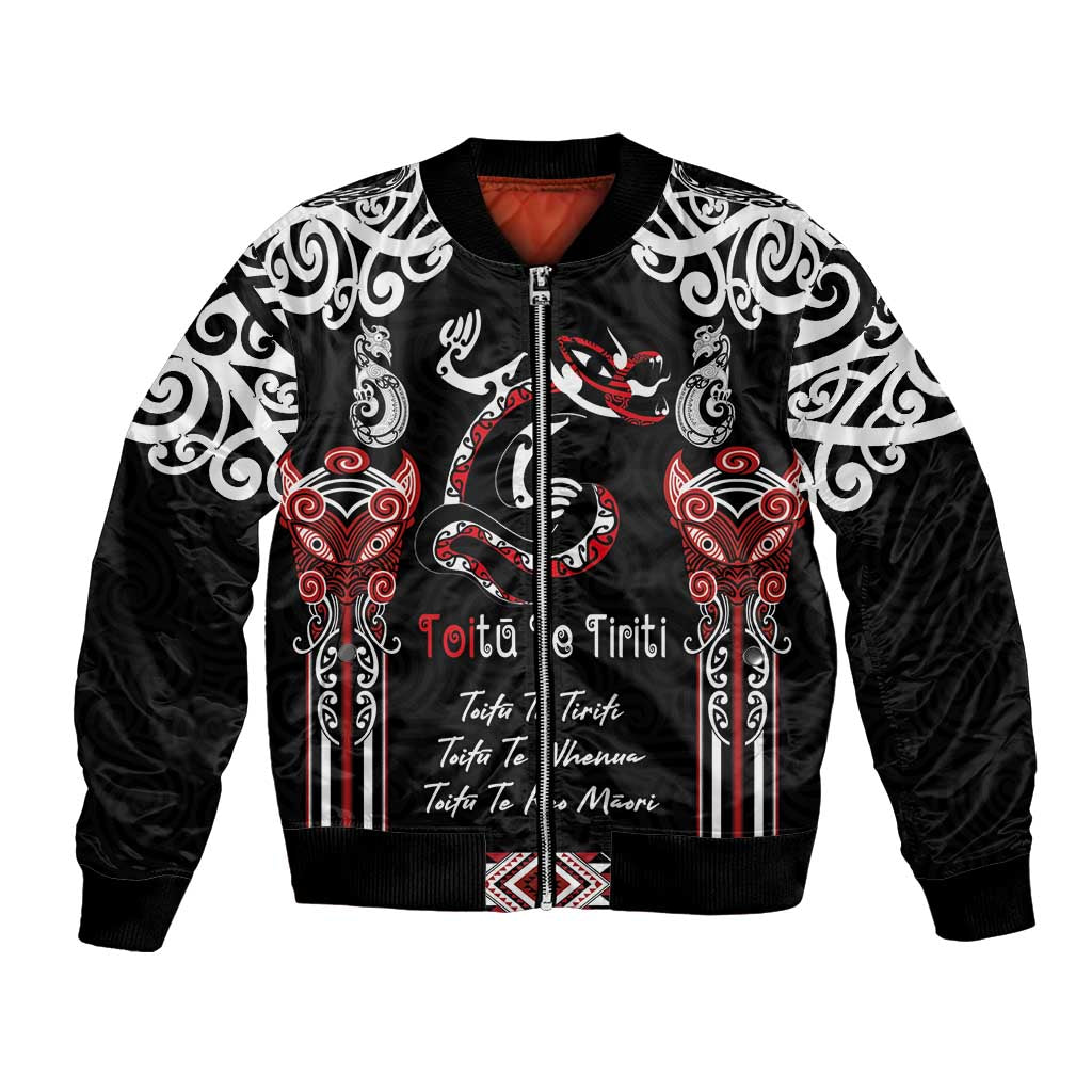 Aotearoa Toitu Te Tiriti-Maori Taniwha Bomber Jacket Toitu Te Whenua Toitu Te Reo Maori LT03 Unisex Black - Polynesian Pride