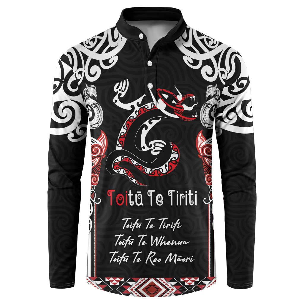 Aotearoa Toitu Te Tiriti-Maori Taniwha Button Sweatshirt Toitu Te Whenua Toitu Te Reo Maori LT03 Black - Polynesian Pride