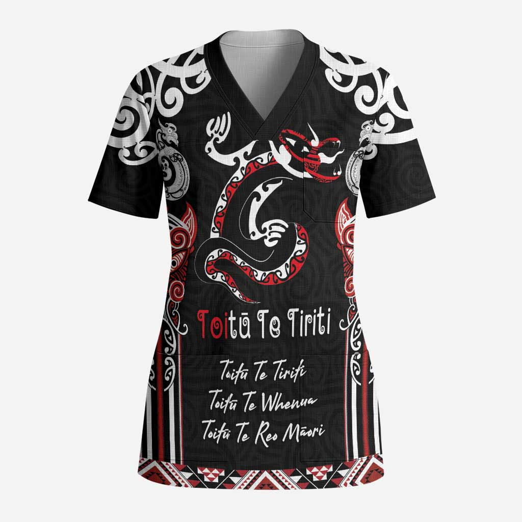 Aotearoa Toitu Te Tiriti-Maori Taniwha Scrub Top Toitu Te Whenua Toitu Te Reo Maori LT03 Adult Black - Polynesian Pride