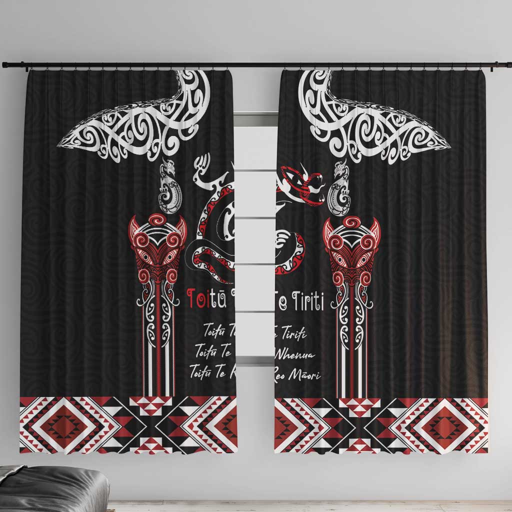 Aotearoa Toitu Te Tiriti-Maori Taniwha Window Curtain Toitu Te Whenua Toitu Te Reo Maori LT03 With Hooks Black - Polynesian Pride