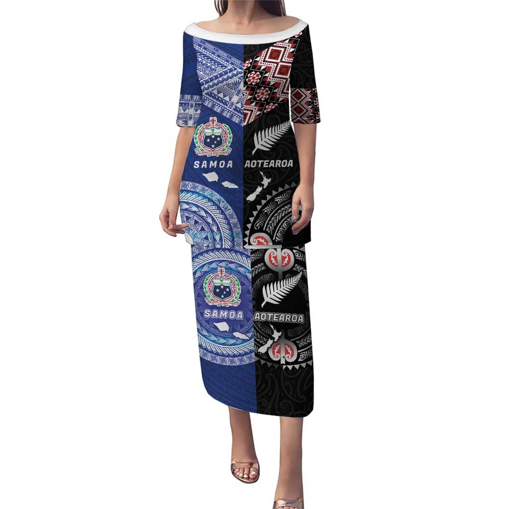 Personalised Aotearoa and Samoa Together Puletasi Tatau Art Tattoos-Taniko and Tukutuku with Maori Pattern LT03 Long Dress Black - Polynesian Pride