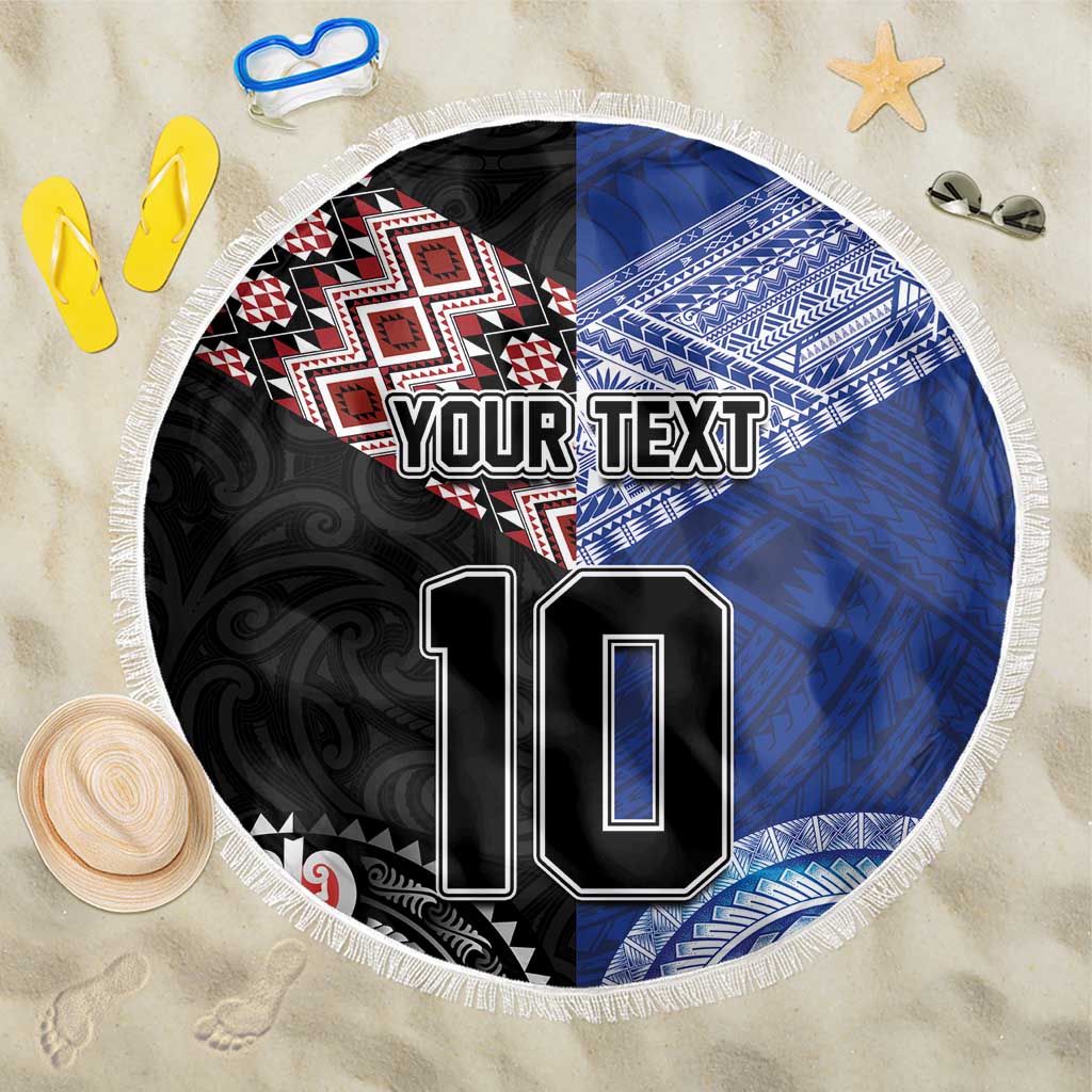 Custom Aotearoa and Samoa Rugby Beach Blanket Maori Warrior and Teuila Emblem-Tatau with Taniko Art LT03 One Size 150cm Black - Polynesian Pride