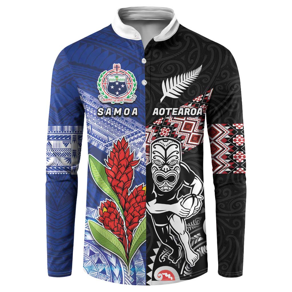 Custom Aotearoa and Samoa Rugby Button Sweatshirt Maori Warrior and Teuila Emblem-Tatau with Taniko Art LT03 Black - Polynesian Pride